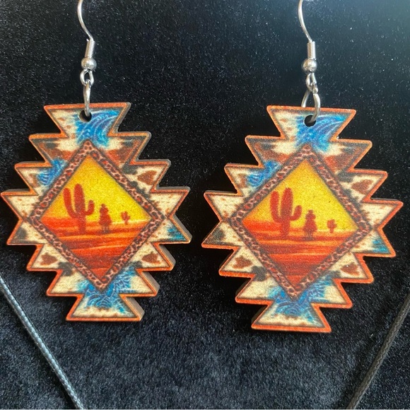 🆕 Western earring necklace set - wood & leather - Picture 2 of 4